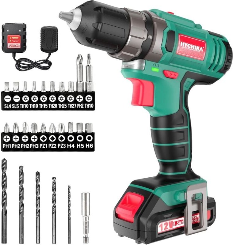 Akkuschrauber 12V, 30-Nm max. 1500mAh Drehmoment, 1 Stunde Schnellladung, 4 x Flachbohrer, 6 x Spiralbohrer, 6 x Schraub...