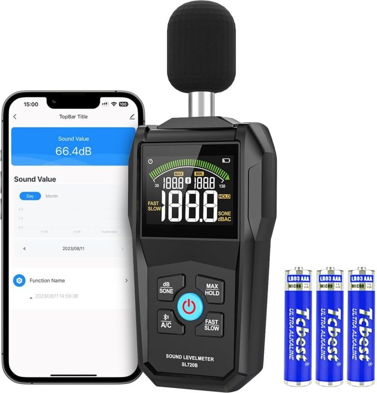 Tragbarer digitaler Schallpegelmesser mit Bluetooth-App (30 dB bis 130 dB) mit LCD-Display, Schallpegelmessung (Max./Min...