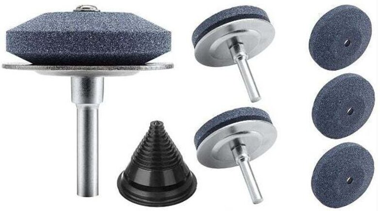 1 Box, 3 Stück Korund-Rasenmäherklingenschärfer, rotierender Schleifstein für Rasenmäherklingen mit Metallhalter und sch...