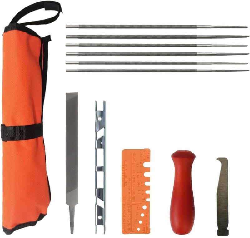 Kettensägen-Schärfset mit 6 Rundfeilen, 6-Zoll-Flachfeile, Tiefenmesser, Holzgriff, Feilenführung, Werkzeugtasche (12-te...
