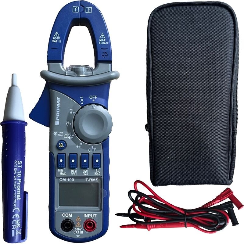 Promat - Stromzange CM100 + Spannungsprüfer true rms lcd 110–1000V ac Testset
