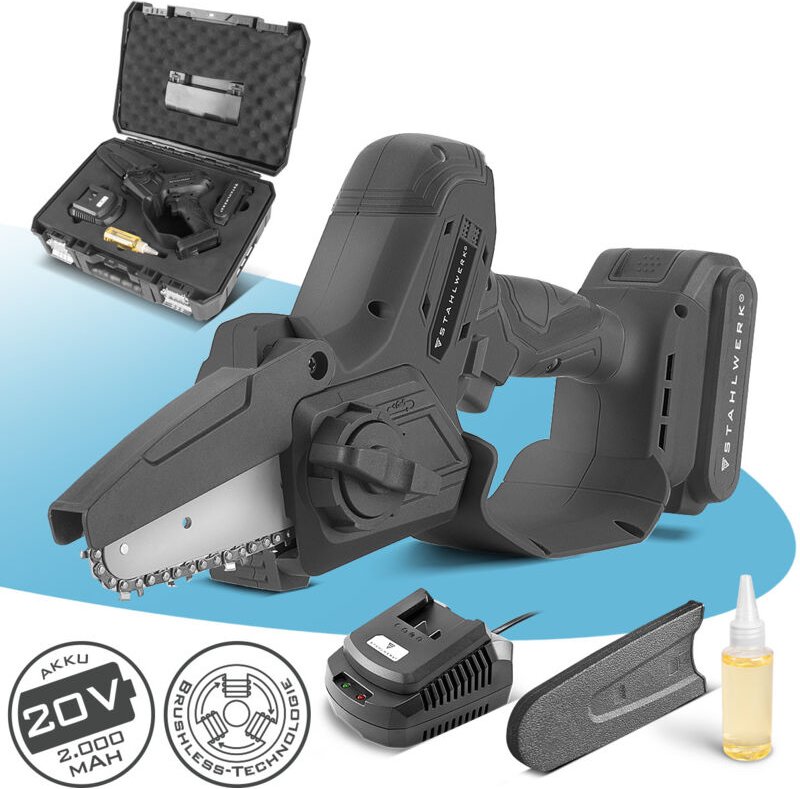STAHLWERK Mini Akku Kettensäge Brushless Handkettensäge 2000mAh