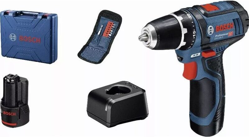 Bosch Akku-Bohrschrauber gsr 12V-15 mit 2x 2,0 Ah + Lader + Bit-Satz im Koffer