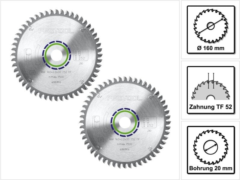Festool Spezial Kreissägeblatt Set 2x HW 160 x 20 x 2,2 mm TF52 ( 2x 496306 ) 160 mm 52 Zähne