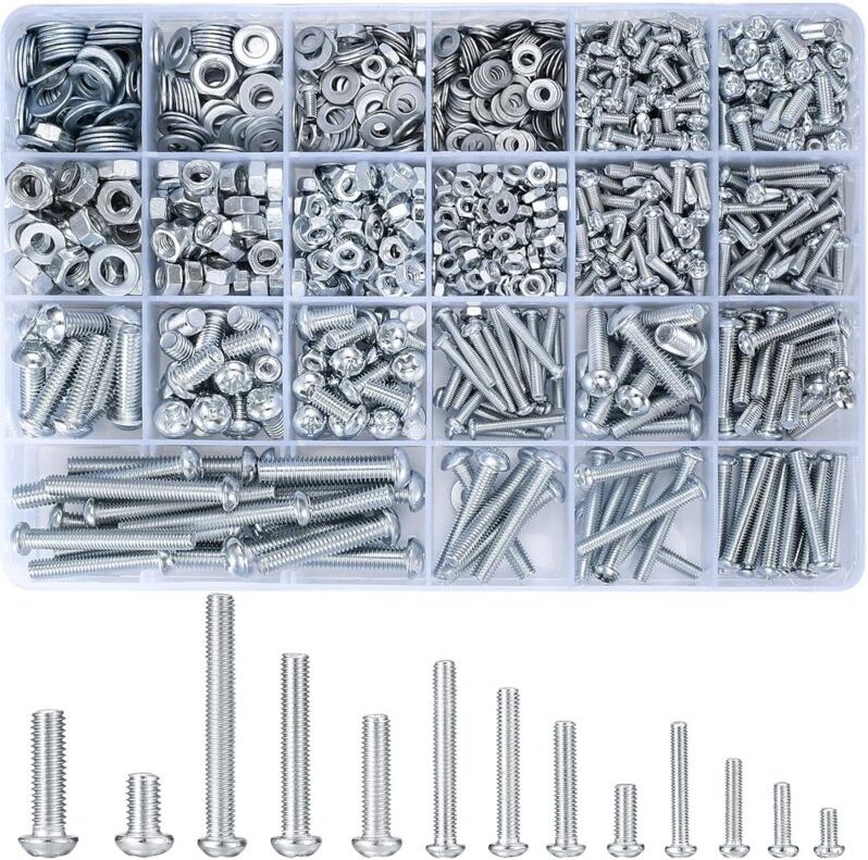 1080 Stk M3 M4 M5 M6 Schraubenset mit Sechskantmuttern und Unterlegscheiben, Linsenkopfschrauben, Gewindeschrauben Set, ...