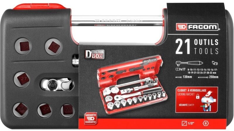 FACOM Sortiment 1/2 - Antriebselemente, Sechskant-Steckschlüssel, Umschaltknarre - Detection-Box, 21-tlg.