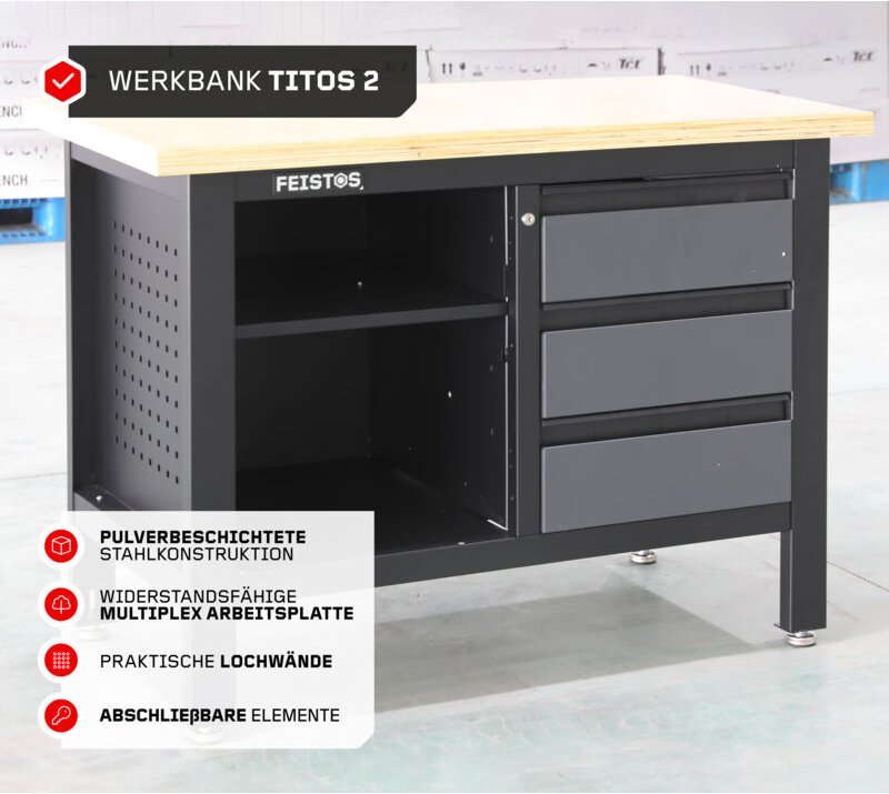 FEISTOS Werkstatteinrichtung Werkbank Titos 2 inkl. Lochwand Anthrazit/Schwarz 120x60x87 cm
