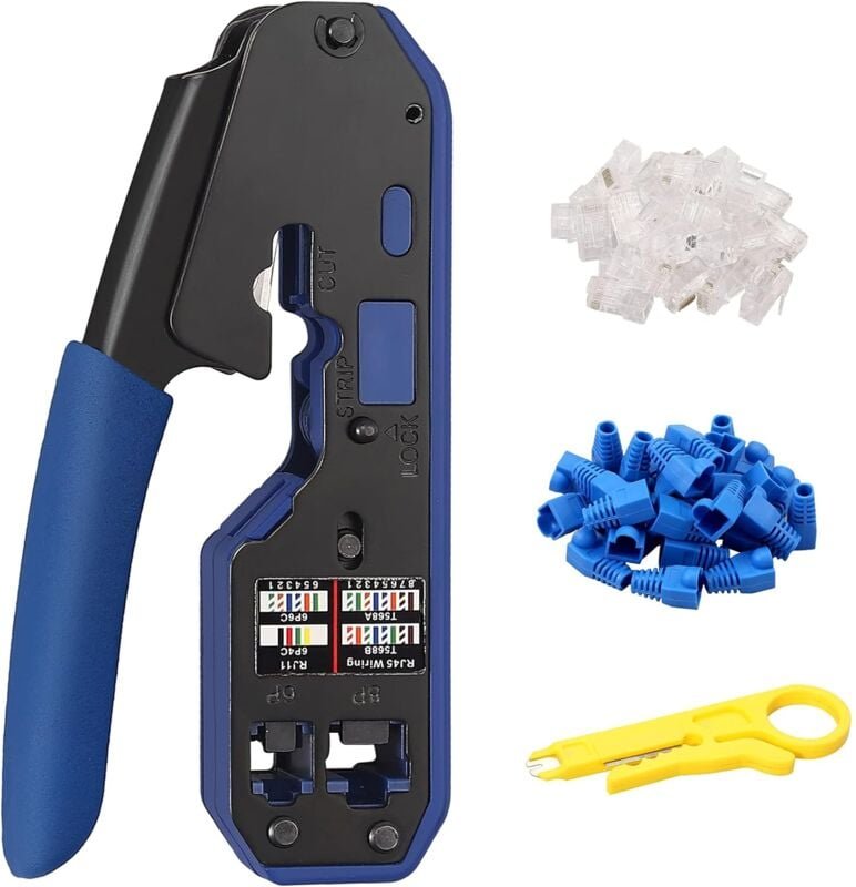 Tonchean - Proster RJ45-Crimpwerkzeug Cat5 Cat5e Cat6 Cat6a RJ-11, 6P/RJ-12, 8P/RJ-45 mit 50 Steckern, 50 Abdeckungen, 1...