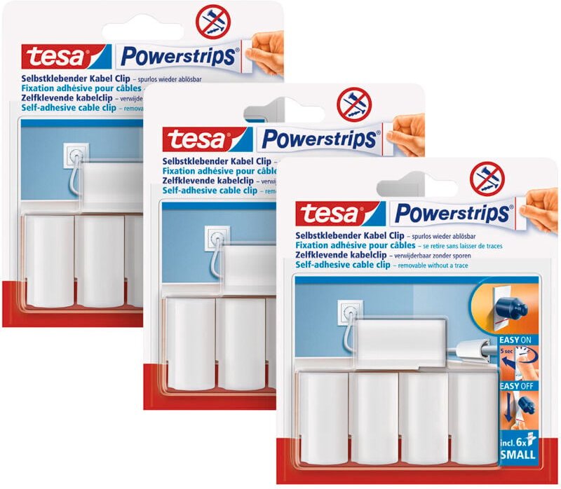 Powerstrips Kabelclip / Kabel Clip selbstklebend / Zur Fixierung von Kabeln / In Weiß / 3 x 5 Stk. - Tesa