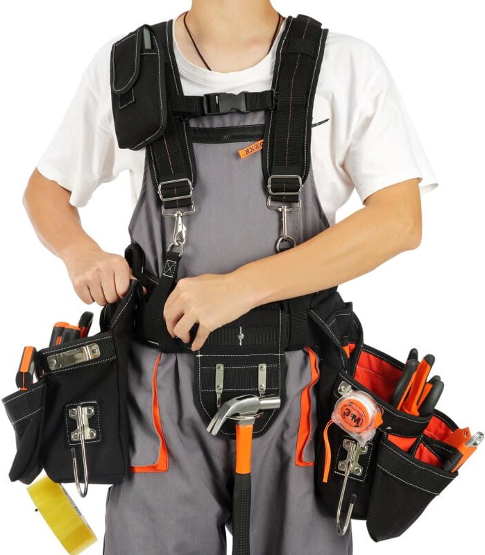 Mophorn Werkzeuggürtel mit Hosenträgern, 34 Taschen, verstellbare Taillenweite 73,7-137,2 cm, strapazierfähige 1250D Nyl...