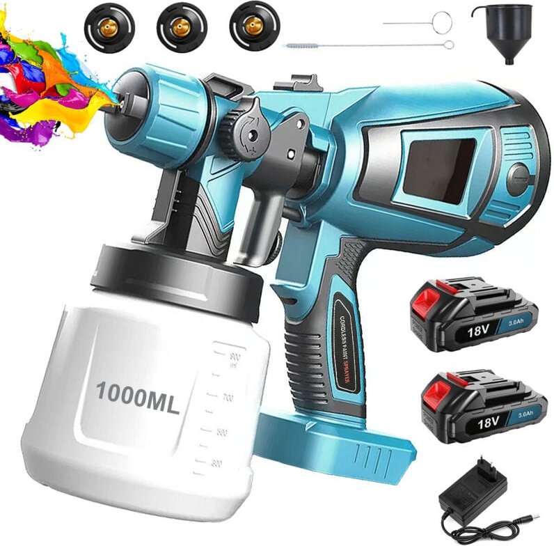 Mawiron - Sprühfarbe, 1000 ml kabellose Handspritzpistole HVLP-Farbspritzpistole Farbpistolen 3 Sprühmuster, für Zäune, ...