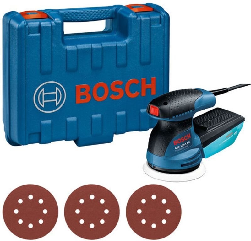 Exzenterschleifer Bosch GEX 125 1 AE 601387504 Microfilter Box, 3x Schleifblätter C470,