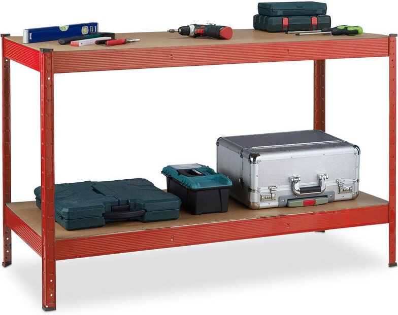 Relaxdays Werkbank, 600 kg, HxBxT: 91 x 141 x 61 cm, 2 verstellbare Ebenen, Werktisch, Stahl & MDF, Werkstattregal, rot