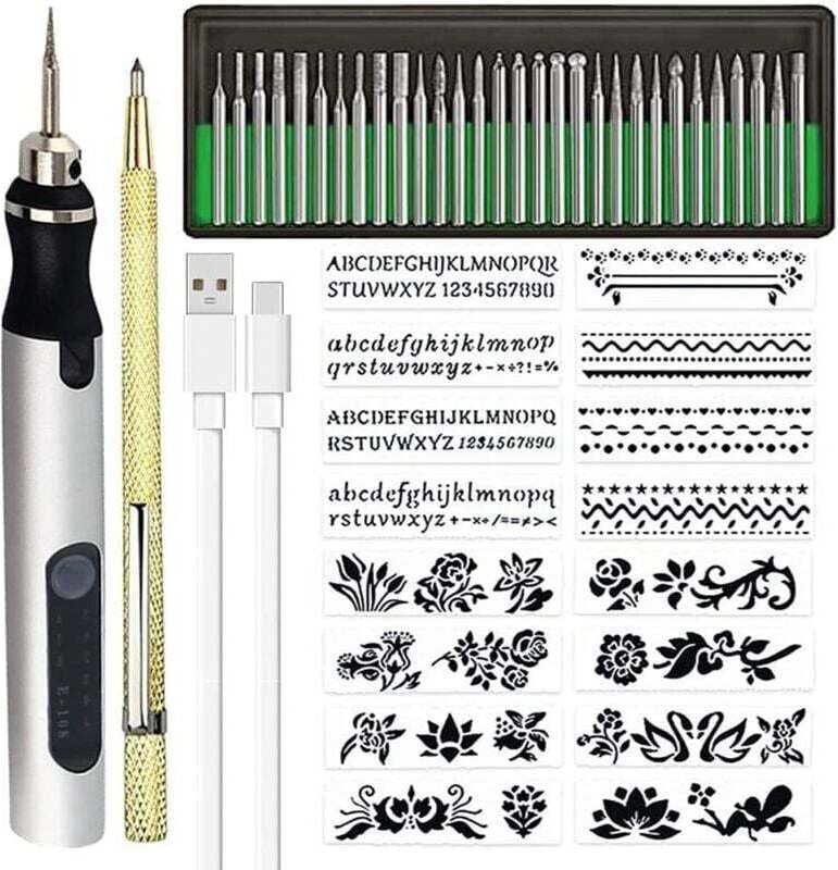 Wiederaufladbares kabelloses Gravierset, Gravierstift für Metall, Glas, Keramik, Kunststoff und Holz mit Schablonen