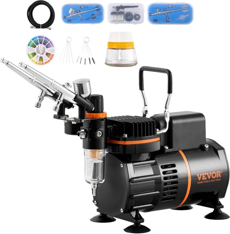 Airbrush-Set, Luftkompressor mit Doppellüfter, professionelles Airbrush-System-Set mit 3 Airbrushes, Halter, Farbmischra...