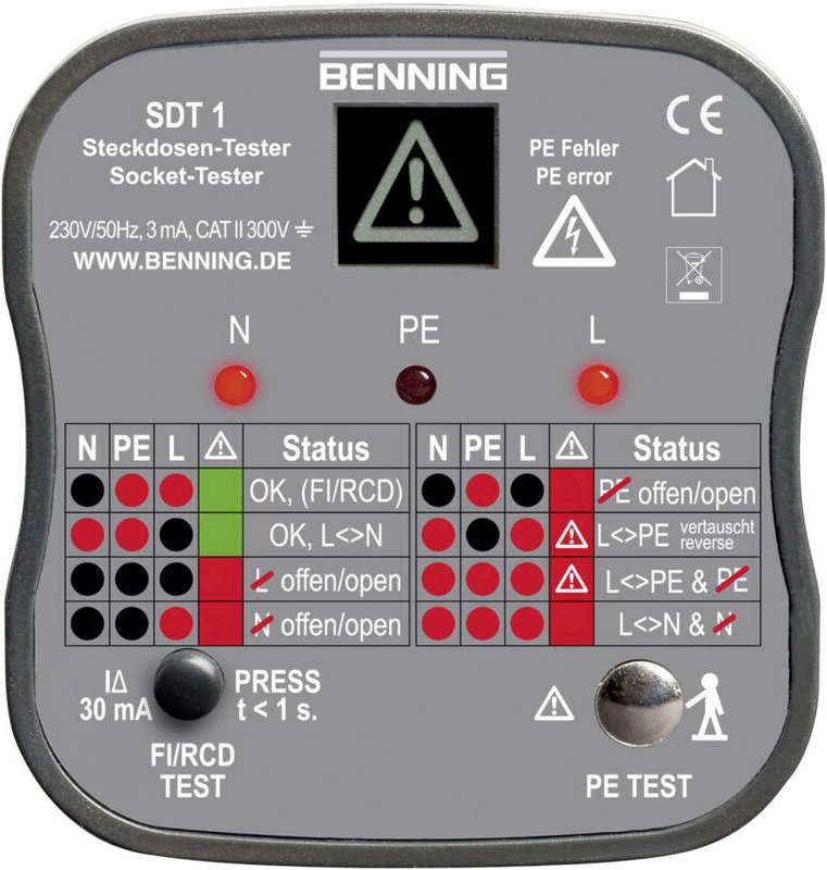 Benning - sdt 1 Steckdosentester cat iii 300 v led, lcd