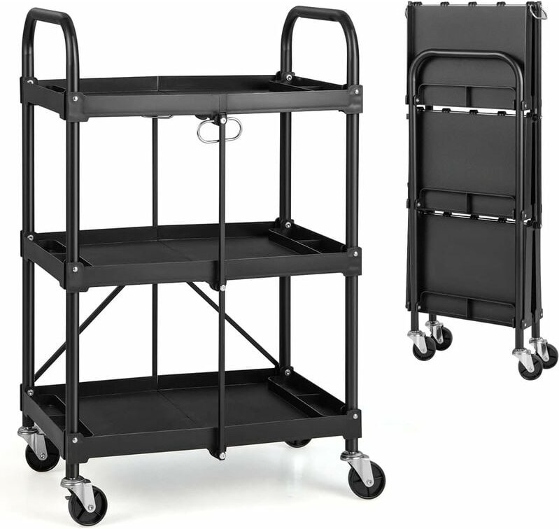 GOPLUS Faltbarer Servicewagen, 3-stöckiger Rollwagen mit Universalrädern, zusammenklappbarer Schiebewagen, Klappbarer We...