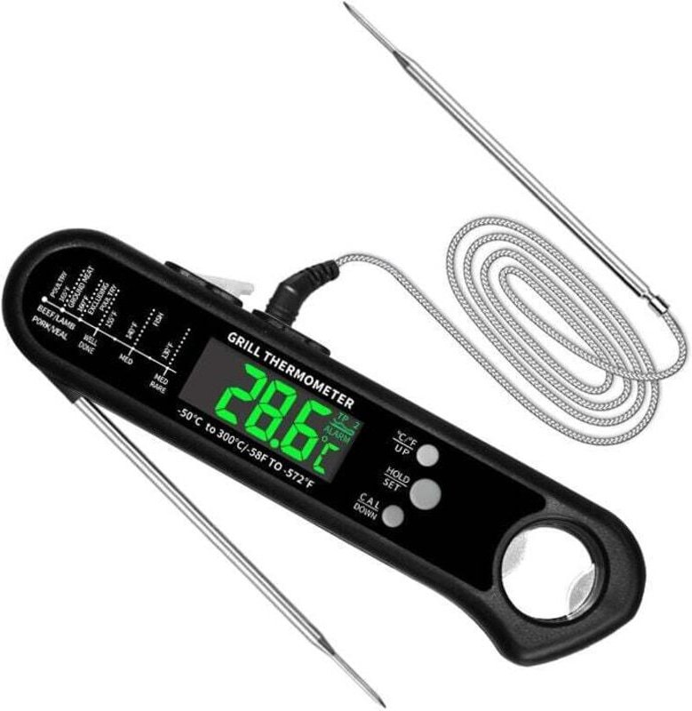 Küchenthermometer, Grillthermometer, sofort ablesbares Kochthermometer, Fleischthermometer mit 2 langen Sonden und LCD-D...