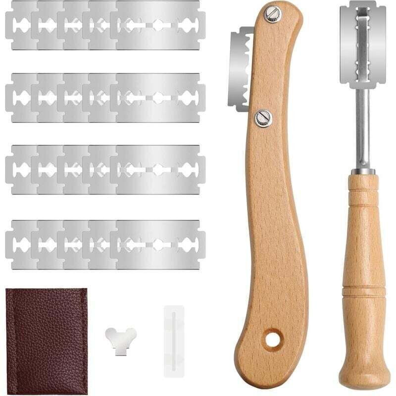 Brotmesserset, hölzernes Brotmesser mit 20 Edelstahlklingen, manueller Teigschneider, Backzubehör, 1 Set