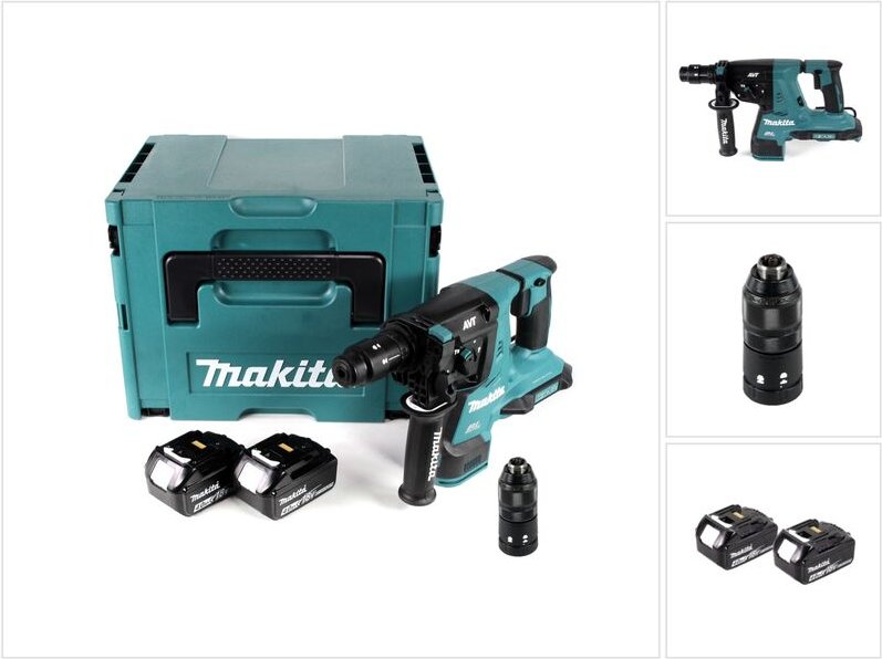 Makita DHR 281 MJ Brushless Akku Bohrhammer 28 mm 2x 18 V für SDS-PLUS mit Schnellwechselfutter im Makpac + 2x 4,0 Ah Ak...