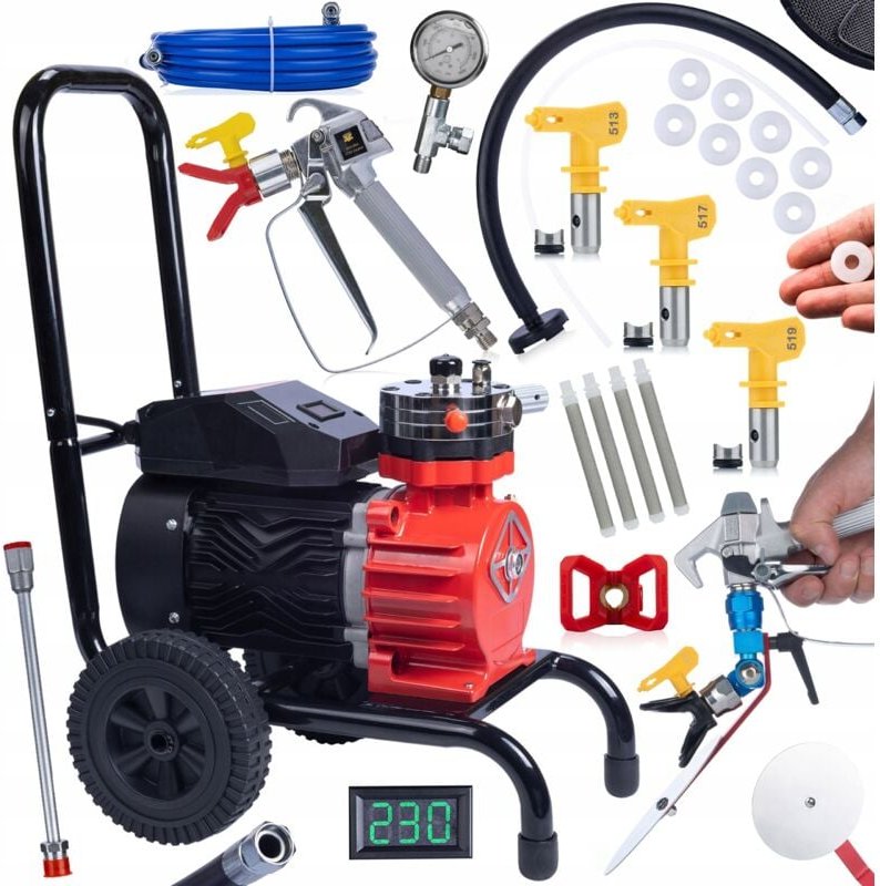 Rosfix Set Red Strong Storm 1100 RSS05 – Airless Farbspritzgerät 3500 W, 22 MPa, 18 l/min LCD, 8 m Schlauch, Pistole, 3 ...