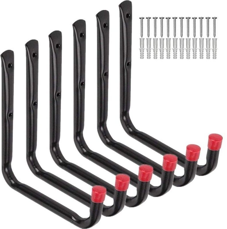 Set mit 6 robusten Wandhaken (17 cm) zur Aufbewahrung in der Garage, z. B. für Gartenschlauch, Klappstuhl und Fahrrad.