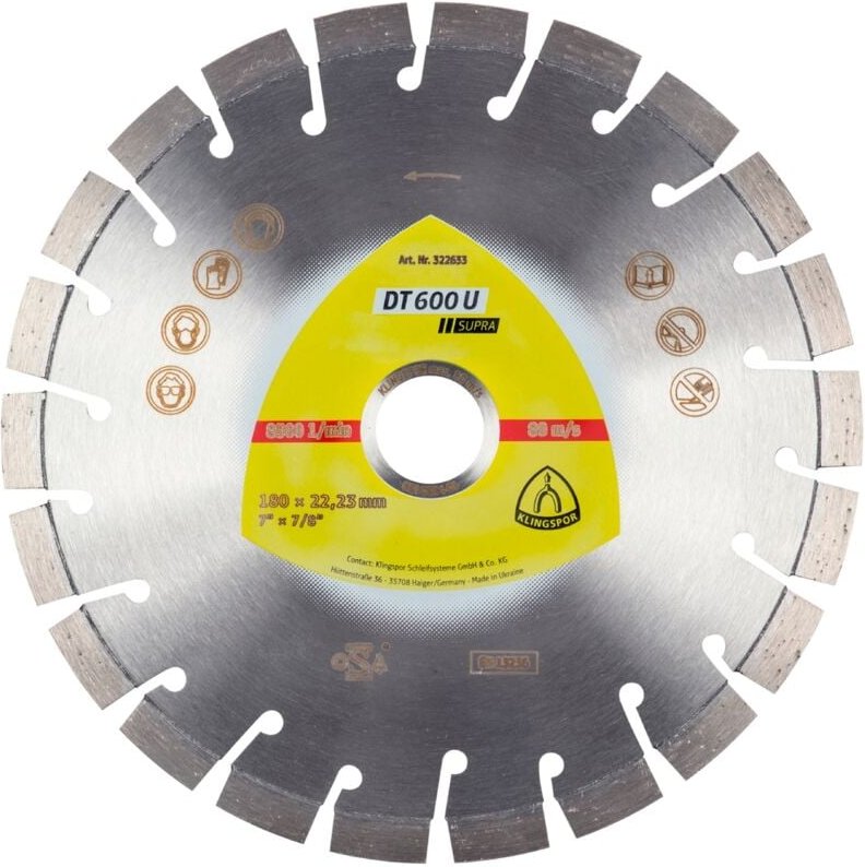 Klingspor DT 600 U Diamanttrennscheiben, 180 x 2,6 x 22,23 mm 22 Segmente 20 x 2,6 x 9 mm, Kurzverzahnung