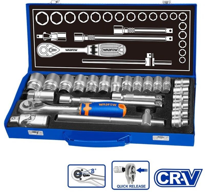 WADFOW 24-teiliger 1/2" Ratschensatz, Cr-V-Stahl, verchromte Oberfläche, Metallkoffer