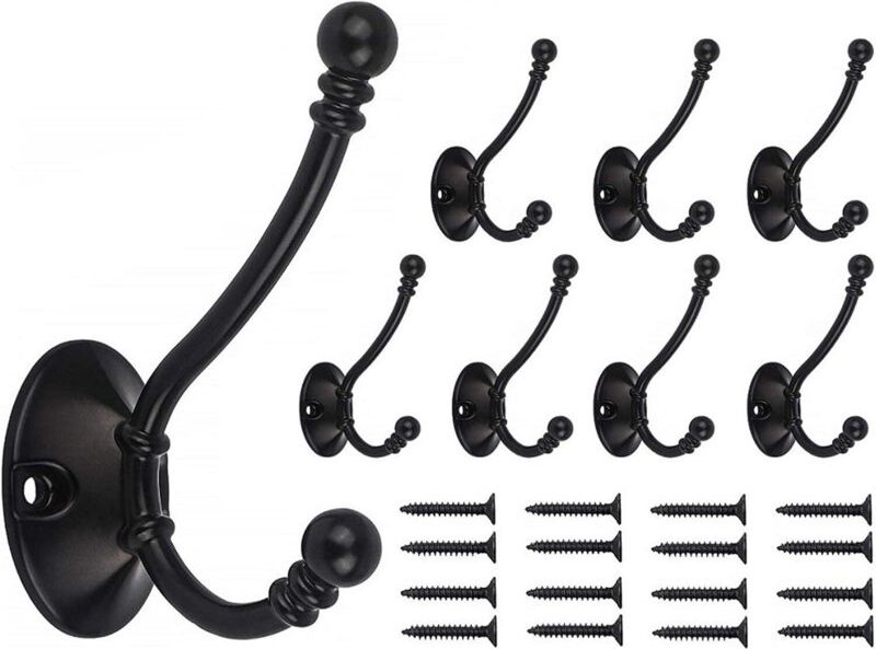 8 Stück Garderobenhaken Vintage Schwarz, Wandhaken Retro Doppelt Kleiderhaken Metall Schwerlast für Tür, Wand, Garderobe
