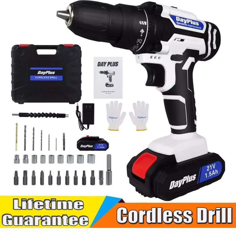 Dayplus - 21V Akku-Bohrer-Set Power Drill Driver 3/8' Bohrer mit Akku-Schnellladegerät