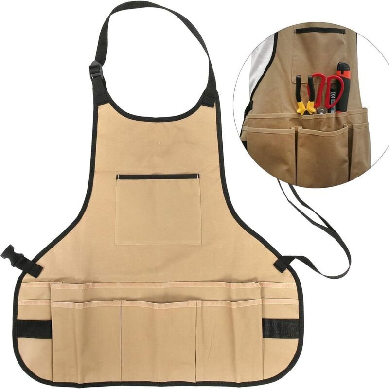 Verstellbare khakifarbene Gartenschürze mit Taschen – Multifunktional, wasserdicht, für Schreiner, Gärtner, Frauen, Männ...