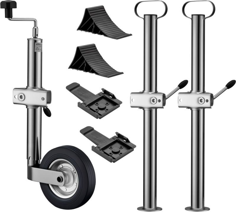 Wiltec - Anhänger Set 10-teilig, Stützrad bis 362 kg Traglast mit Klemmhaltern, Stützen & Unterlegkeilen