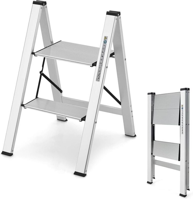 Costway - Trittleiter 2 Stufen Stehleiter, Aluminium Klappleiter bis 150 kg, Klapptritt Klappbar & rutschfest, Leiter Tr...