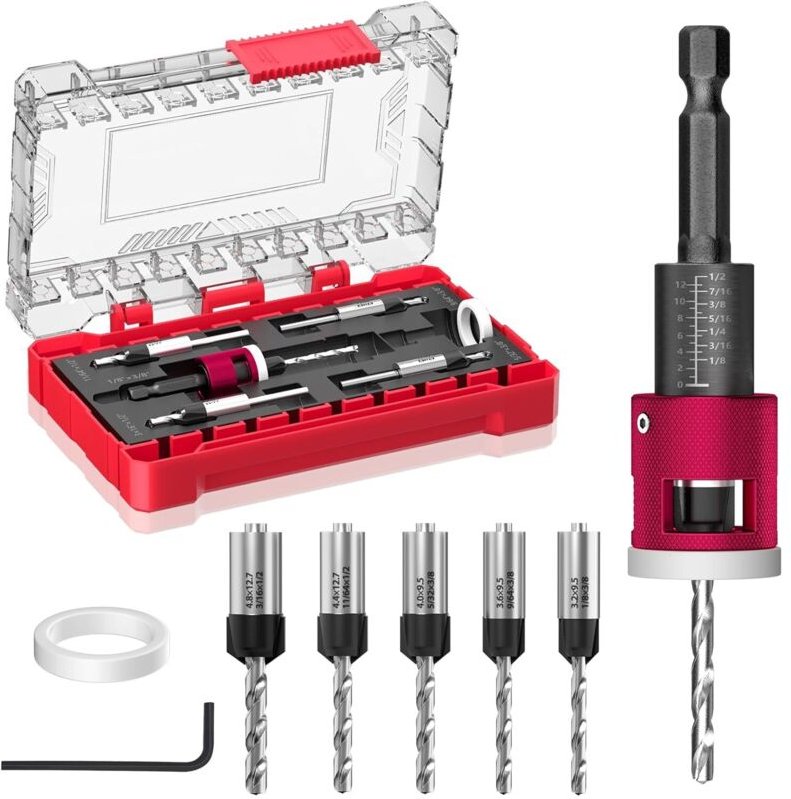 5-teiliges Senkbohrer-Set mit einstellbarem Tiefenanschlag, 1/4"-Sechskantschaft-Schnellbohrwerkzeug-Set, 82°-Fasenbohre...