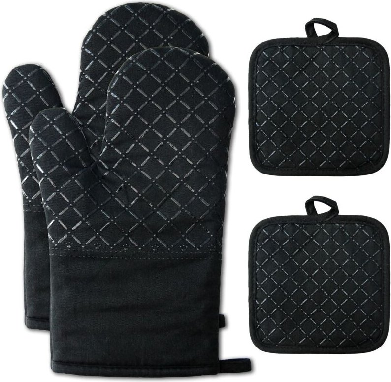 Schwarze, hitzebeständige Handschuhe, 18 x 30 cm, vier Paar lang, dick, hochtemperaturbeständig, mikrowellengeeignet.