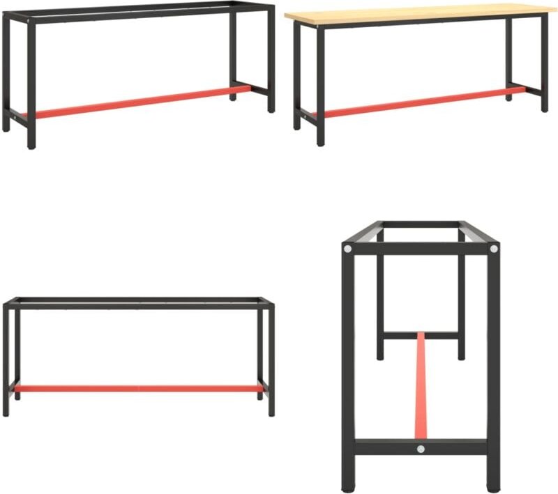 Thumbnail - Werkbankgestell Mattschwarz und Mattrot 190x50x79 cm Metall - Metall Gestell - Werkbankgestell - Tischgestell - Robustes...