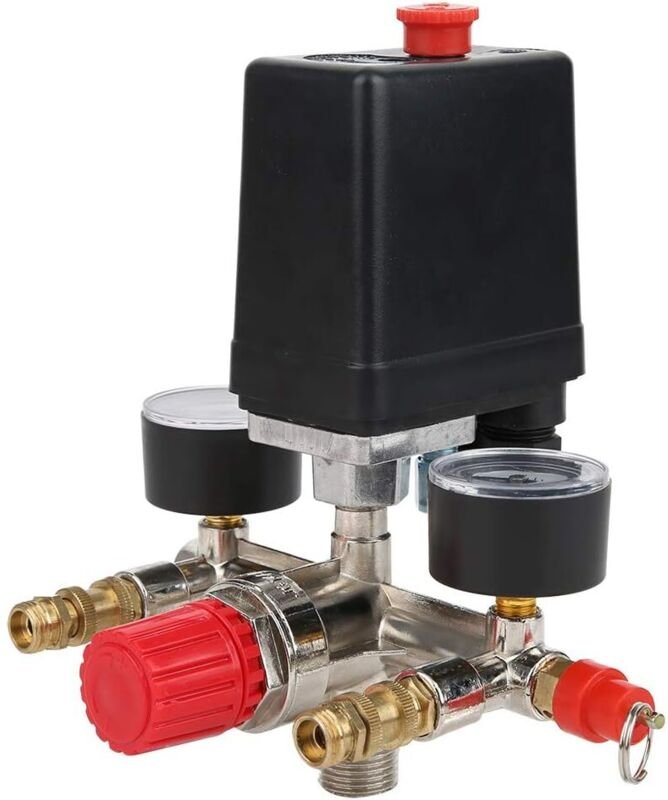 Druckregler für pneumatische Luftkompressoren mit Druckschalter und 2 Manometern, 0–12 bar