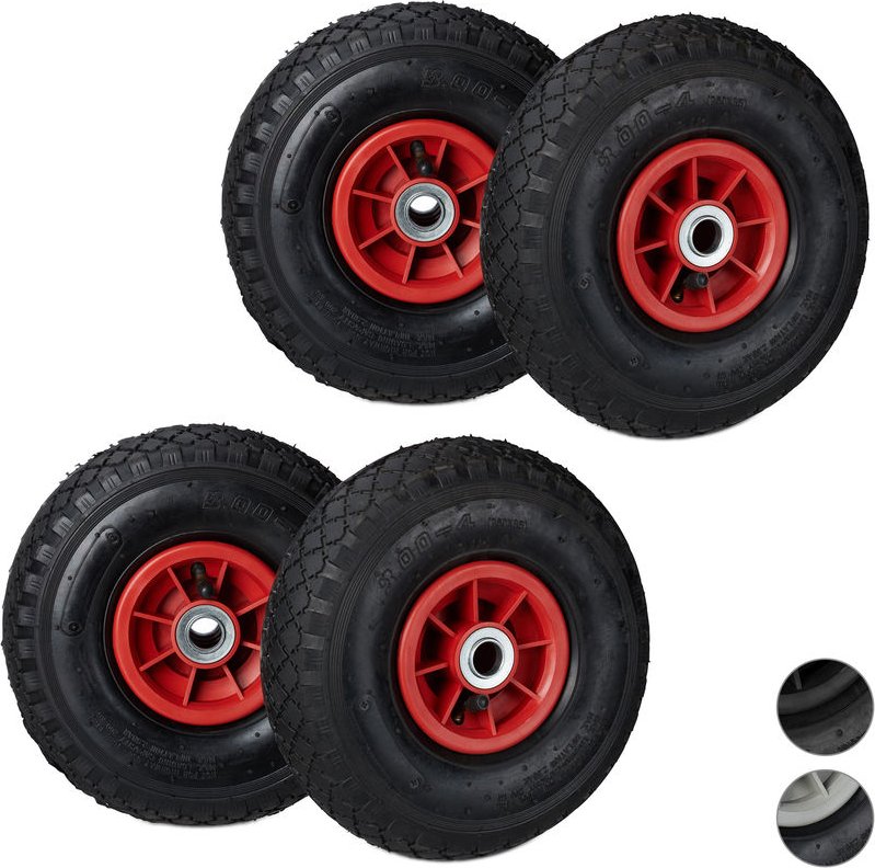 4 x Sackkarrenrad 3.00-4 im Set, Ersatzreifen, luftbereift, bis 80 kg, Kunststofffelge, 260x85 mm, Luftrad, schwarz-rot