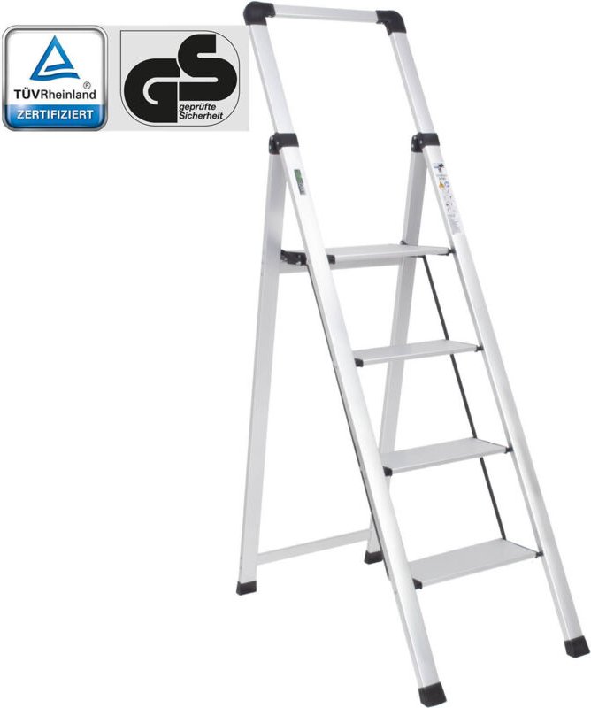 Alu Trittleiter 4-stufig silber klappbar mit Handlauf 150 kg TÜV GS