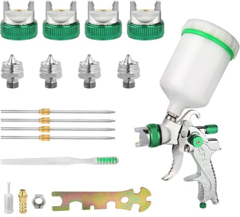 HVLP-Druckluft-Spritzpistole mit 1,4/1,7/2,0/2,5 mm Düse, 600 ml Fassungsvermögen, für Wände, Autos, Innenausbau (grün)