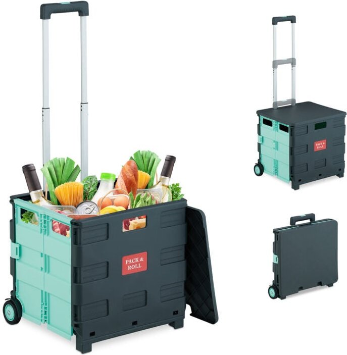 Relaxdays - Einkaufstrolley, klappbar, Einkaufskorb mit Rollen, Deckel & Teleskopgriff, bis 35 kg, Rollkiste, türkis/gra...