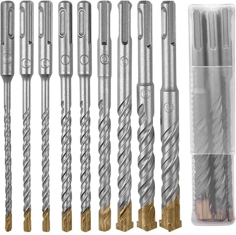 Set mit 9 SDS-Plus-Bohrern für Betonbohrungen, Bohrerset mit 4 Schneiden: 5/6/6/8/8/10/12/14/16 x 160 mm, geeignet für B...