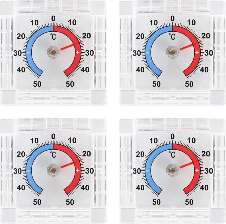 Set mit 4 selbstklebenden Fensterthermometern für den Außenbereich – wetterfest – 7,5 x 7,5 cm – analoges Thermometer fü...