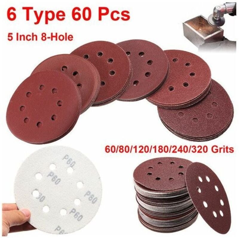 60 Stück Schleifpapierscheiben, 125 mm, Körnung 60–320, mit 8 Löchern – ideal zum Polieren
