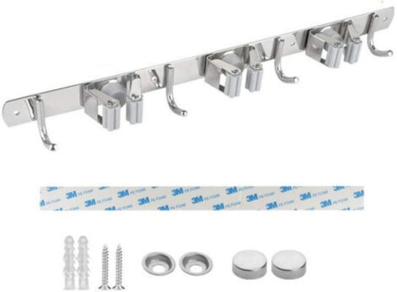 Wandbesenhalter, Edelstahl, Klebebesenhalter mit Haken, Multifunktionaler Besenschrank für Küche, Garten, Badezimmer, Ga...