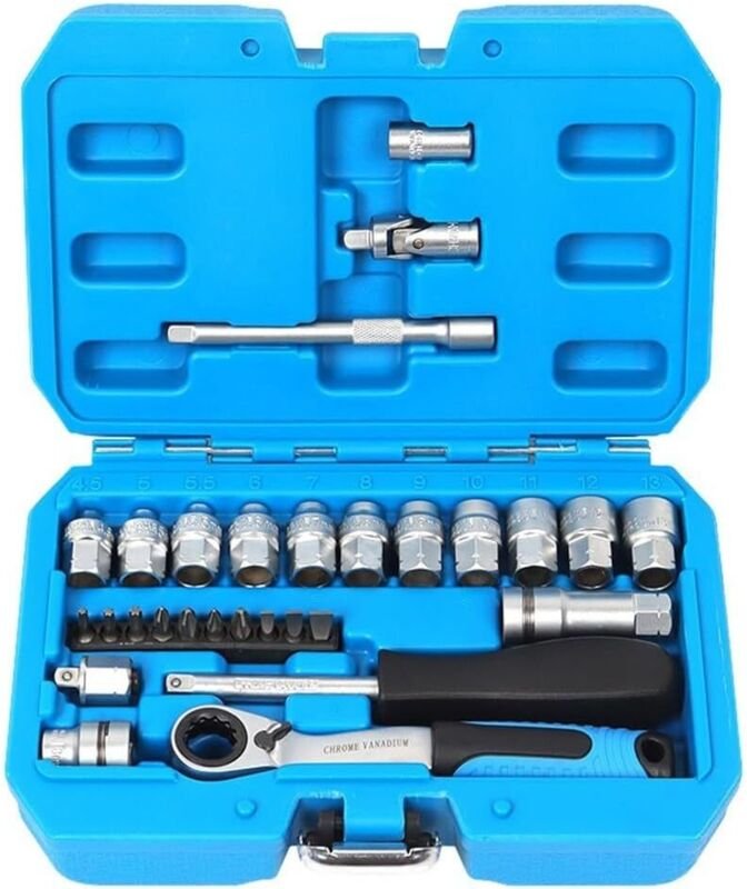 Ratschen-Steckschlüsselsatz, 29-teiliges Ratschen-Steckschlüssel-Drehmomentschlüssel-Set, Schraubendreher-Set für Heimwe...