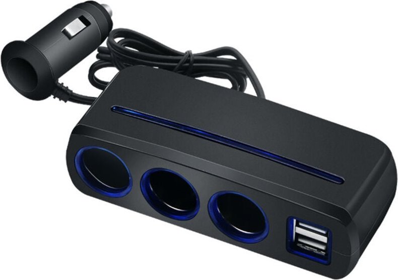 Zigarettenanzünder-Adapter, Autoladegerät mit 3 Steckdosen und zwei USB-Anschlüssen für 12 V/24 V Autogeräte