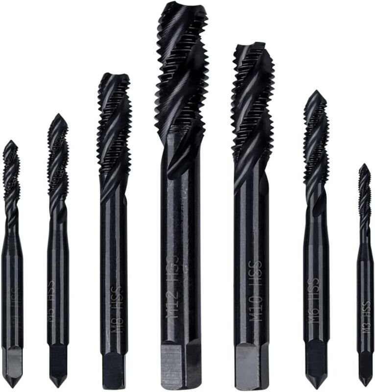 Sollbry - 7-teiliges HSS-Gewindebohrer-Set, metrisch, spiralförmig, geriffelt, Gewindebohrer-Sortiment, M3, M4, M5, M6, ...
