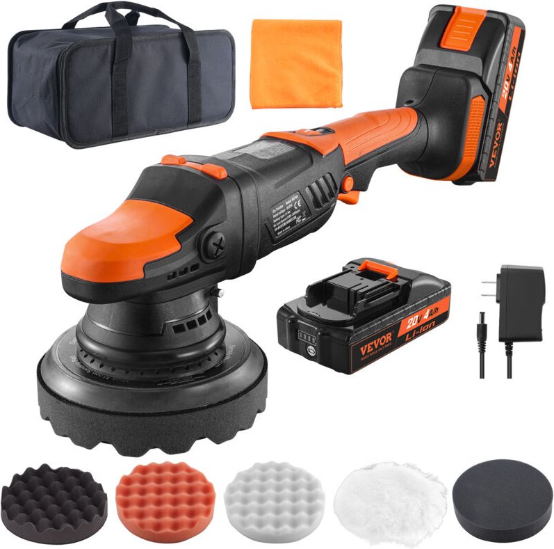 VEVOR 20 V kabelloser Polierer, 6-Zoll bürstenloser Dual-Action-Polierer mit 1 4,0-Ah-Akku, Exzenterpolierer-Set mit 6 v...