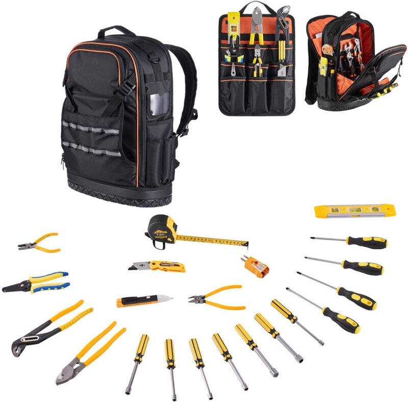 Mophorn Werkzeugrucksack mit 65 Taschen, inklusive 21-teiligem Werkzeugset, Rucksack mit Laptopfach, ideal für Elektrike...